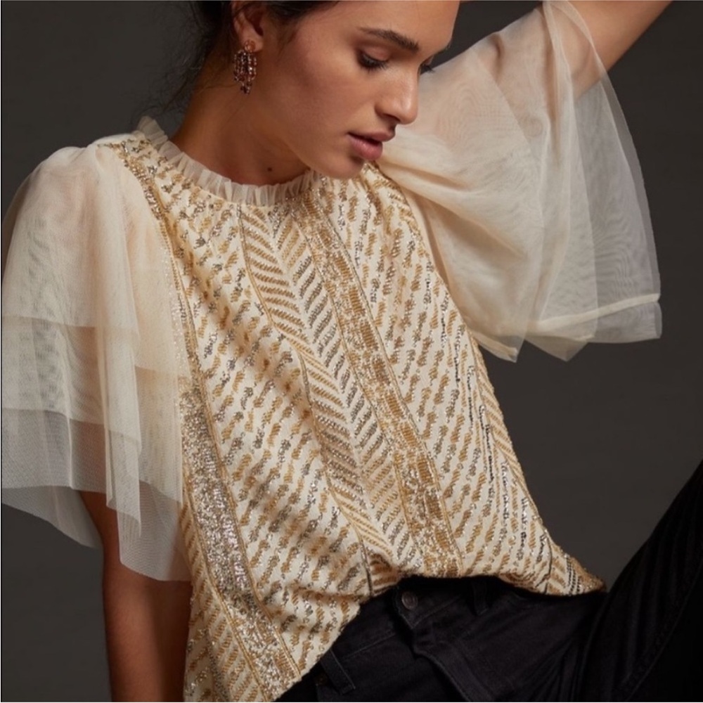 Let Me Be Anthropologie Sequined Tulle Top